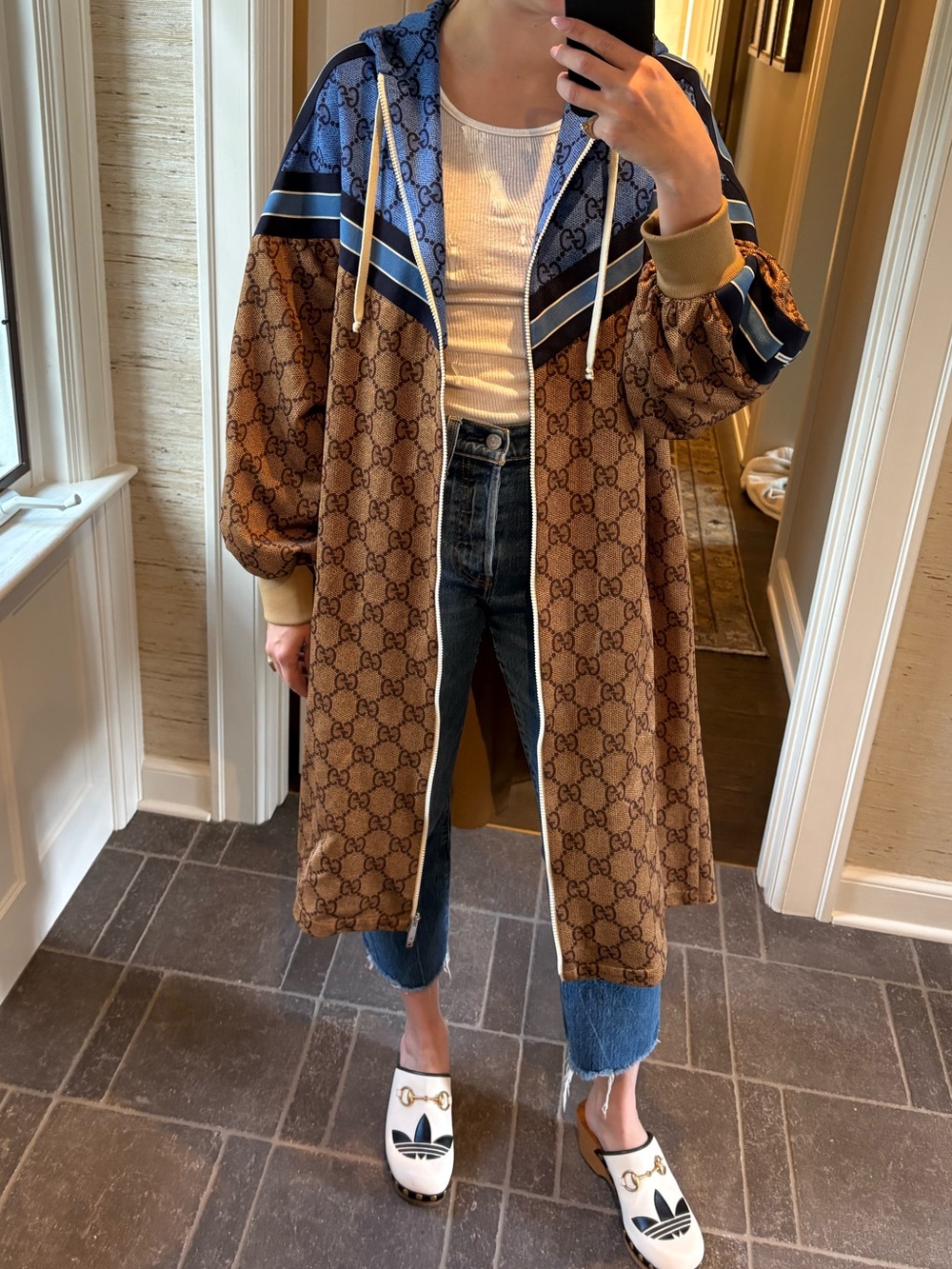 Gucci Brown Monogram Hooded Coat and Dress with Blue Trim